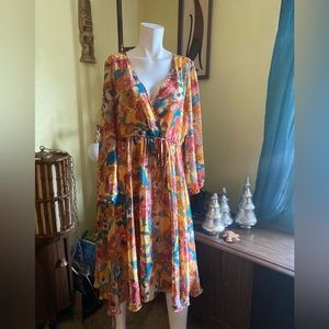 Ladies floral boho peasant pleated day dress hippie picnic retro party